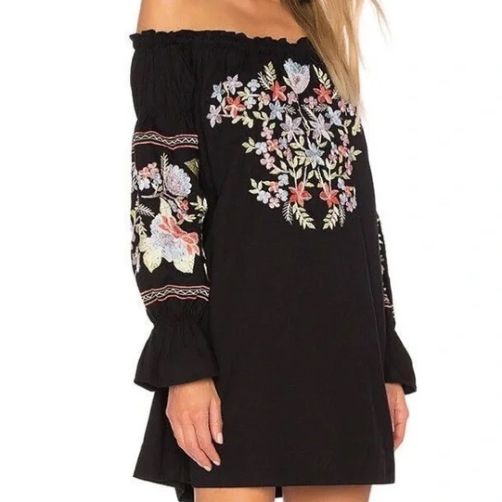 Free People Embroidered Dress Fleur Du Jour Off-The-Shoulder Black Floral  XS